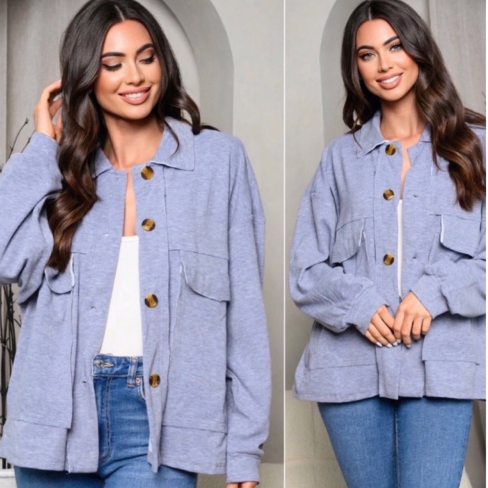 New Ultra Comfortable Women's Dusty Blue Button Front Pocket Shacket - Picture 2 of 5